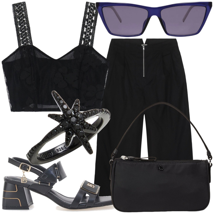 Outfit donna - Nero d estate. Stile Glamour per Serata fuori. Abbinamento con anelli, occhiali da sole, top, pochette, sandali col tacco, pantaloni.
