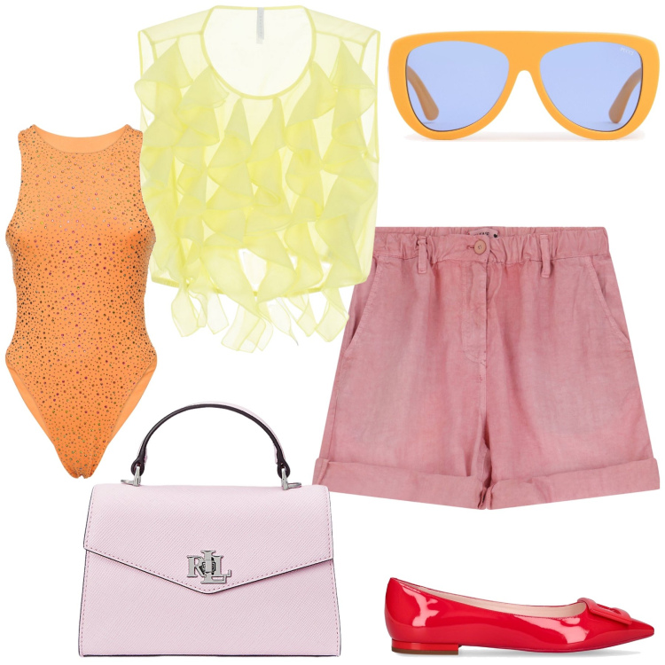Outfit donna - Coloratissima estate. Stile Trendy per Tutti i giorni. Abbinamento con shorts, top, borse a mano, ballerine, occhiali da sole, body.