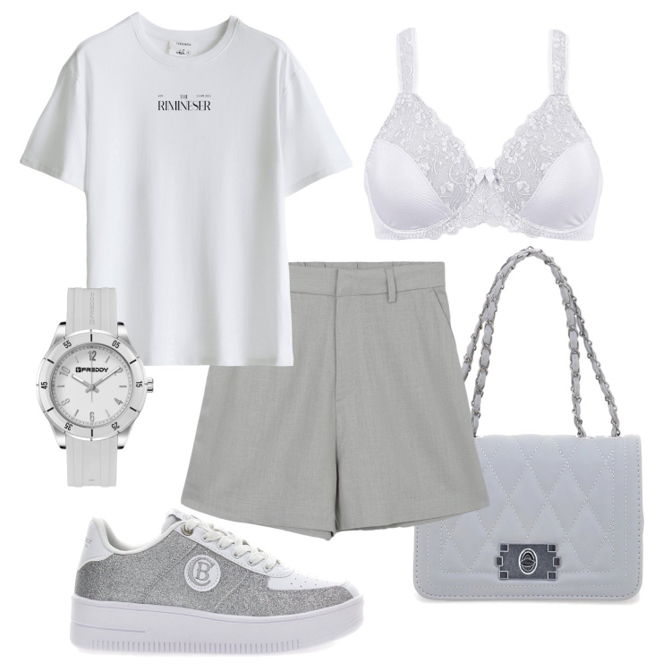 Outfit donna - Grigio, bianco, glitter, lino. Stile Urban per Tutti i giorni. Abbinamento con reggiseni, bermuda, t-shirt, orologi, sneakers, borse a tracolla.