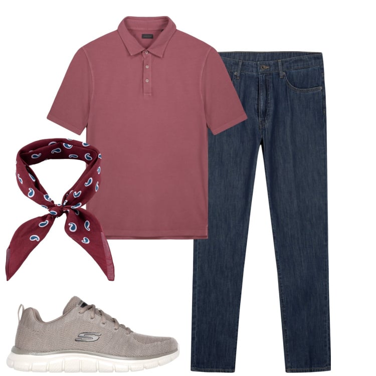 Outfit uomo - City. Stile Casual per Tutti i giorni. Abbinamento con sneakers, jeans, polo, sciarpe e foulard.