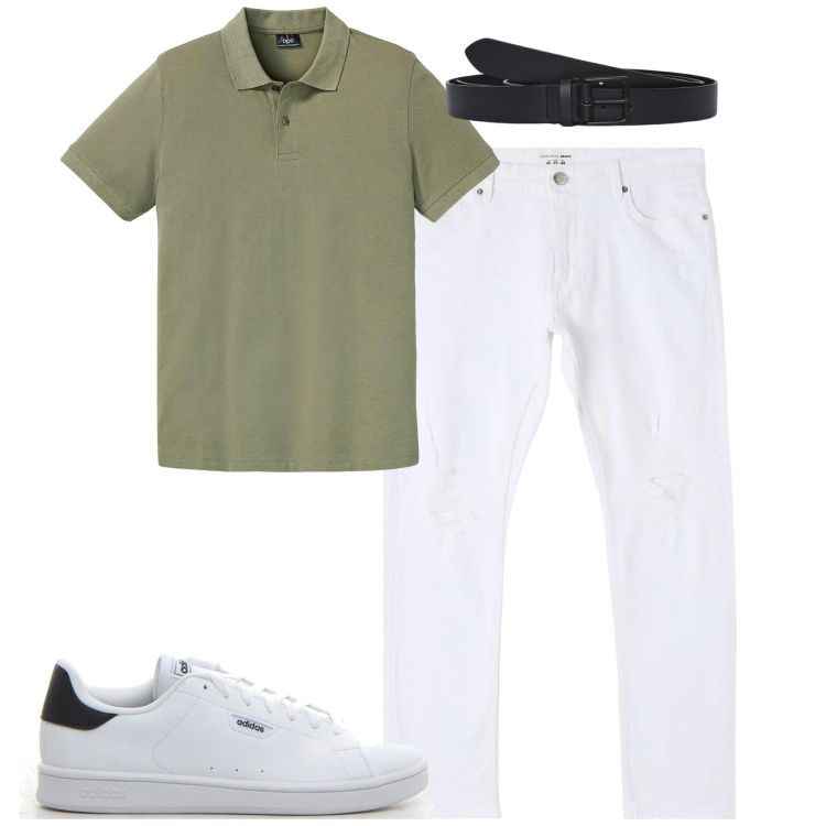 Outfit uomo - Total look #2185254. Stile Casual per Tutti i giorni. Abbinamento con polo, jeans strappati, cinture, sneakers.