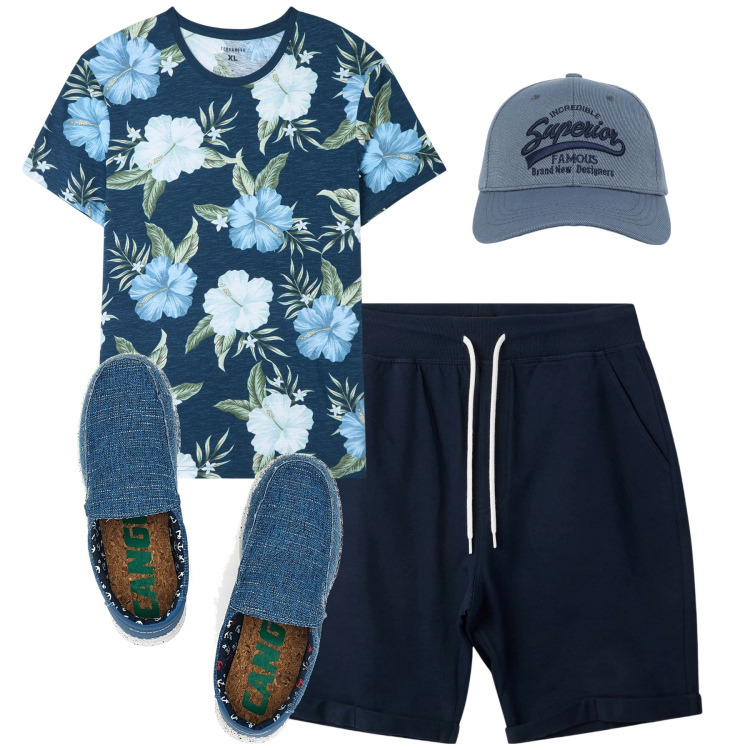 Outfit uomo - Total look #2185255. Stile Casual per Tutti i giorni. Abbinamento con t-shirt, cappelli con visiera, pantaloni corti, sneakers.