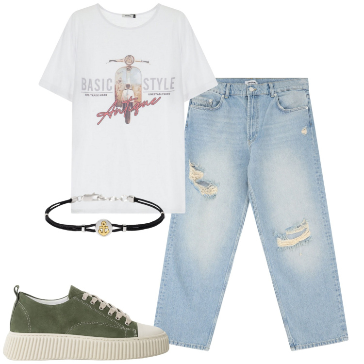 Outfit uomo - Total look #2185259. Stile Casual per Tutti i giorni. Abbinamento con braccialetti, sneakers, jeans strappati, t-shirt.
