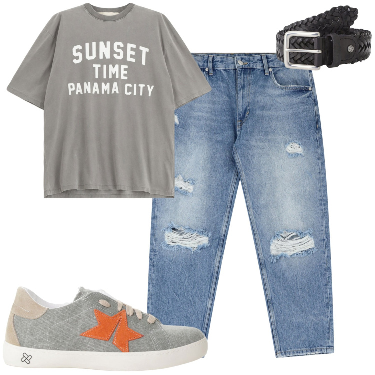 Outfit uomo - Total look #2185260. Stile Casual per Tutti i giorni. Abbinamento con sneakers, jeans strappati, cinture, t-shirt.