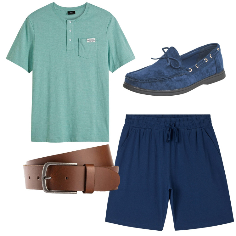 Outfit uomo - City. Stile Casual per Tutti i giorni. Abbinamento con cinture, maglieria, scarpe stringate, pantaloni corti.