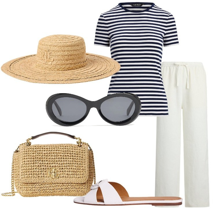 Outfit donna - Riviera Look. Stile Bon Ton per Tutti i giorni. Abbinamento con sandali in pelle, borse a spalla, pantaloni, t-shirt, cappelli, occhiali da sole.