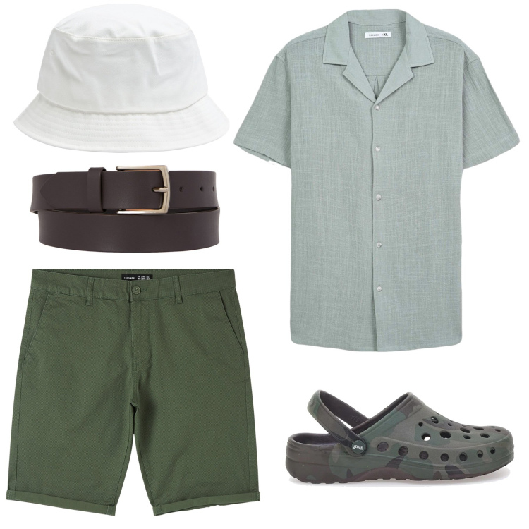 Outfit uomo - Short e camicia. Stile Casual per Tutti i giorni. Abbinamento con camicie a manica corta, cappelli, shorts, cinture, sandali.