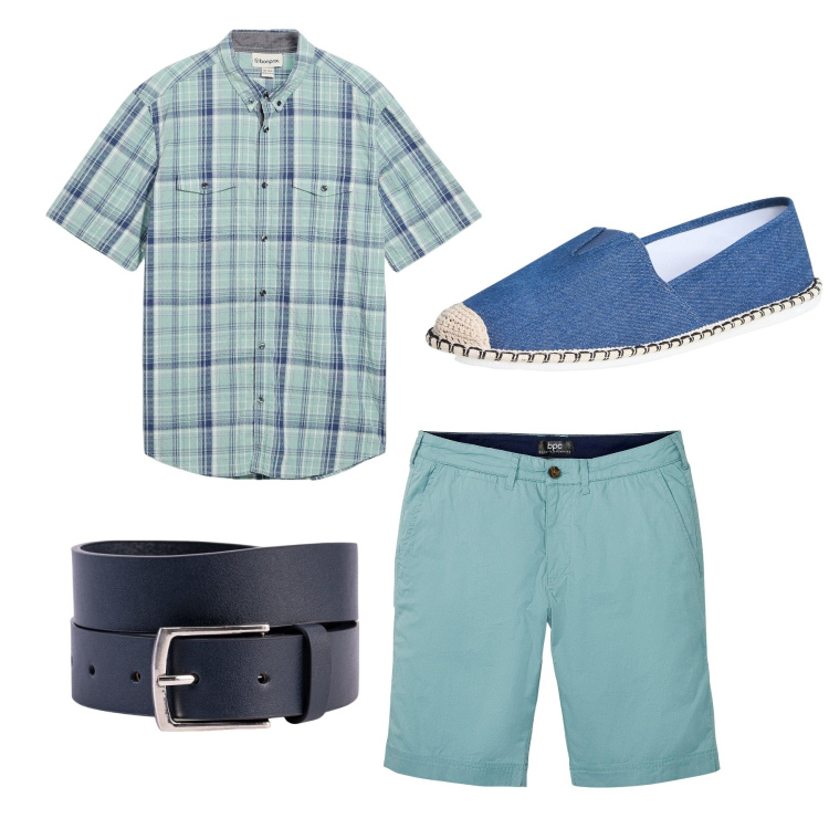 Outfit uomo - City. Stile Casual per Tutti i giorni. Abbinamento con bermuda, camicie a manica corta, espadrillas, cinture.