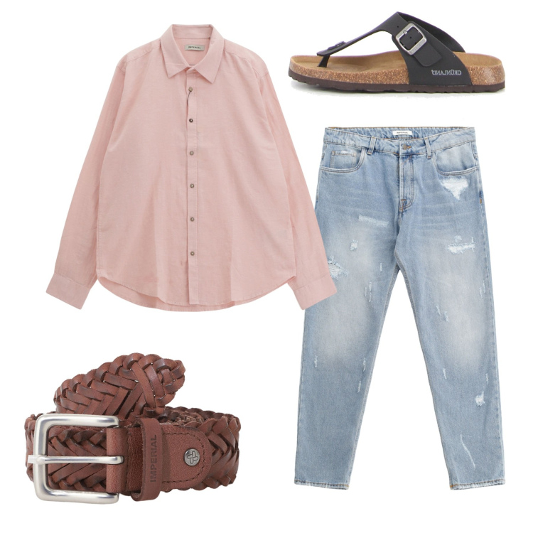 Outfit uomo - City. Stile Casual per Tutti i giorni. Abbinamento con cinture, camicie, jeans strappati, sandali.