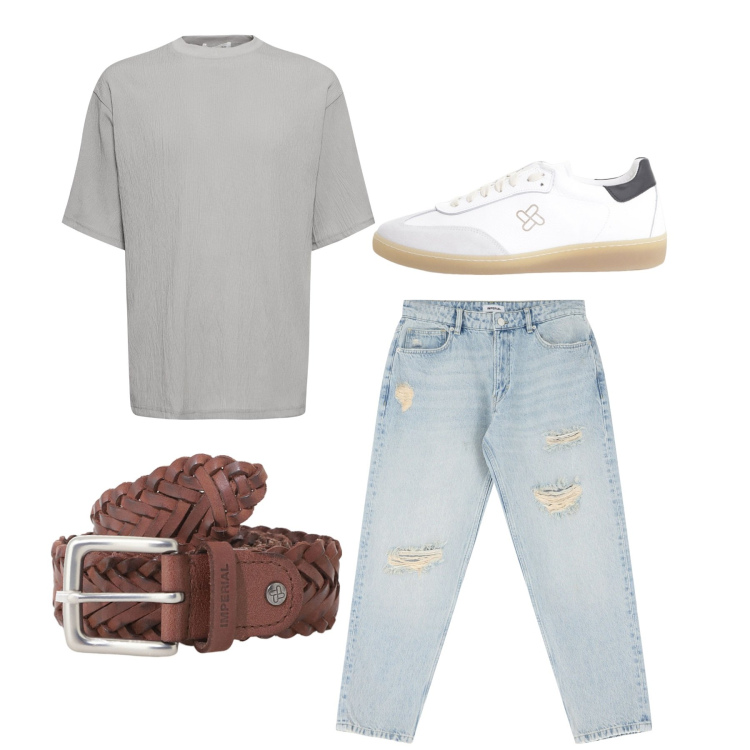 Outfit uomo - City. Stile Casual per Tutti i giorni. Abbinamento con sneakers, cinture, jeans strappati, t-shirt.