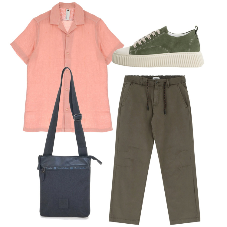 Outfit uomo - City. Stile Casual per Tutti i giorni. Abbinamento con camicie a manica corta, sneakers, pantaloni, portafogli.