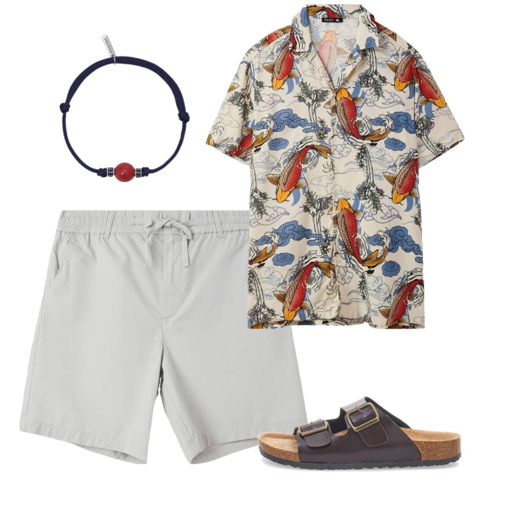 Outfit uomo - Giugno. Stile Casual per Mare. Abbinamento con camicie a manica corta, pantaloni corti, braccialetti, sandali.