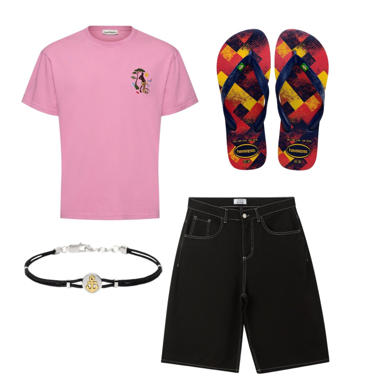 Outfit uomo - City. Stile Casual per Tutti i giorni. Abbinamento con bermuda, braccialetti, sandali, t-shirt.