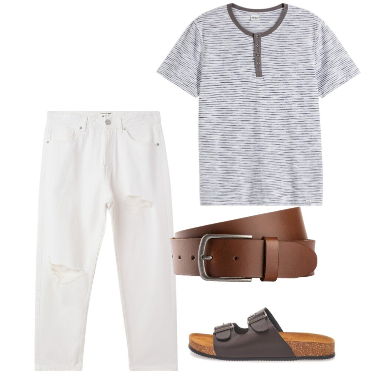Outfit uomo - Giugno. Stile Casual per Tutti i giorni. Abbinamento con cinture, maglieria, jeans strappati, sandali.