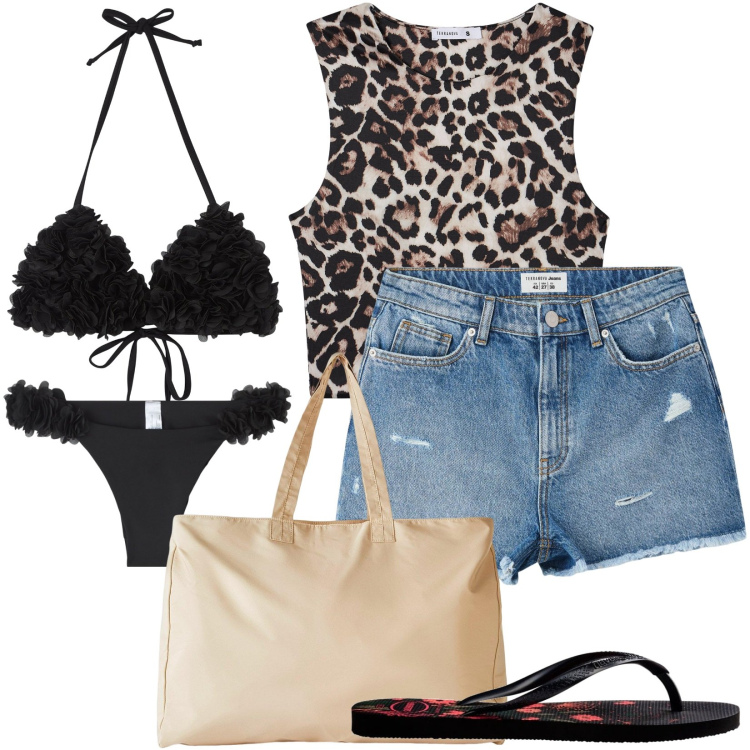 Outfit donna - Total look #2185283. Stile Casual per Mare. Abbinamento con shopping bag, bikini, top, shorts, bikini, infradito.