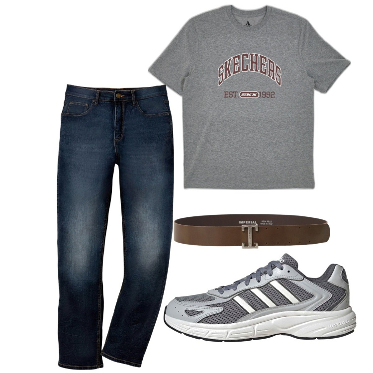 Outfit uomo - Giugno. Stile Casual per Tutti i giorni. Abbinamento con jeans dritti, cinture, t-shirt, sneakers.