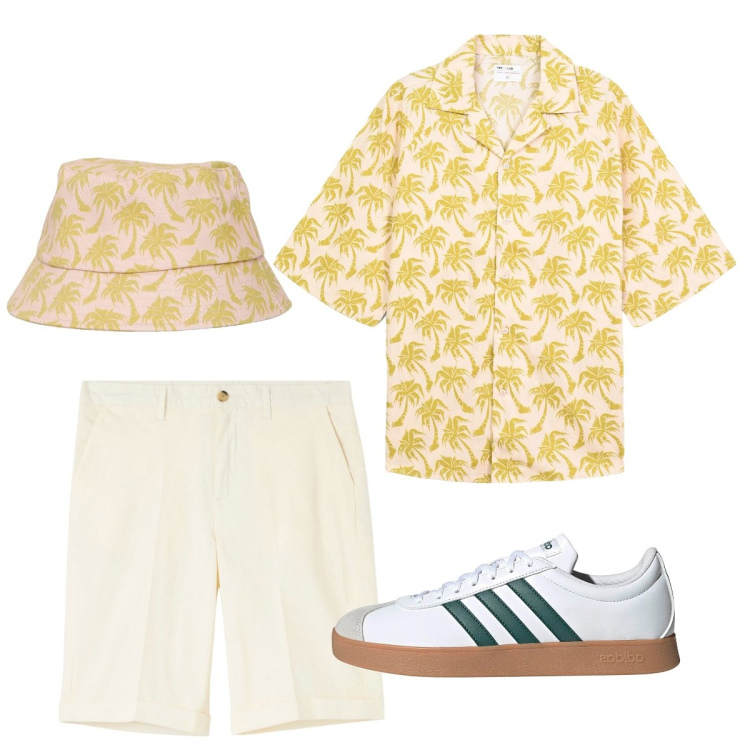 Outfit uomo - Giugno. Stile Casual per Tutti i giorni. Abbinamento con bermuda, cappelli con visiera, camicie a manica corta, sneakers.