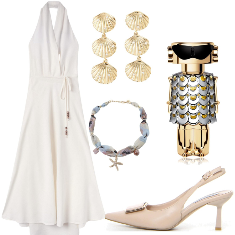 Outfit donna - Panna. Stile Casual chic per Ufficio. Abbinamento con profumi, orecchini, vestiti lunghi, collane, décolleté.