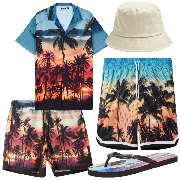 Outfit uomo - Palm beach. Stile Casual per Mare. Abbinamento con cappelli, sandali, costumi, camicie a manica corta, bermuda.