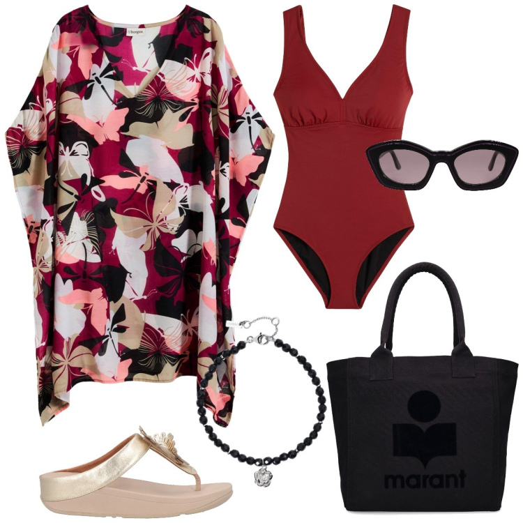 Outfit donna - In spiaggia. Stile Chic per Mare. Abbinamento con costumi interi, vestiti da spiaggia, ciabatte, occhiali da sole, braccialetti, shopping bag.