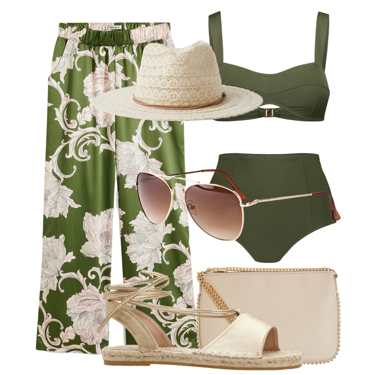 Outfit donna - Verde chic. Stile Chic per Mare. Abbinamento con pantaloni a palazzo, occhiali da sole, sandali, cappelli, borse a tracolla, bikini.