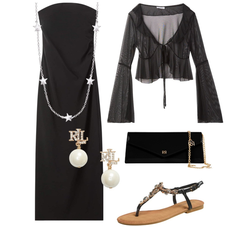 Outfit donna - Total look #2185302. Stile Chic per Serata fuori. Abbinamento con bolero, vestiti lunghi, sandali gioiello, collane, pochette, orecchini.