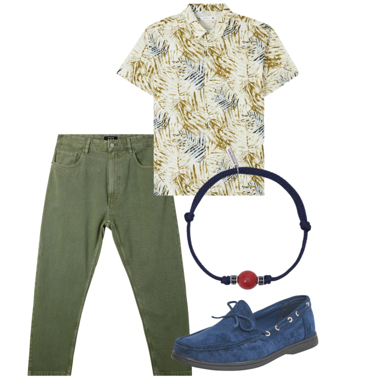 Outfit uomo - Giugno. Stile Casual per Tutti i giorni. Abbinamento con camicie a manica corta, scarpe stringate, pantaloni, braccialetti.