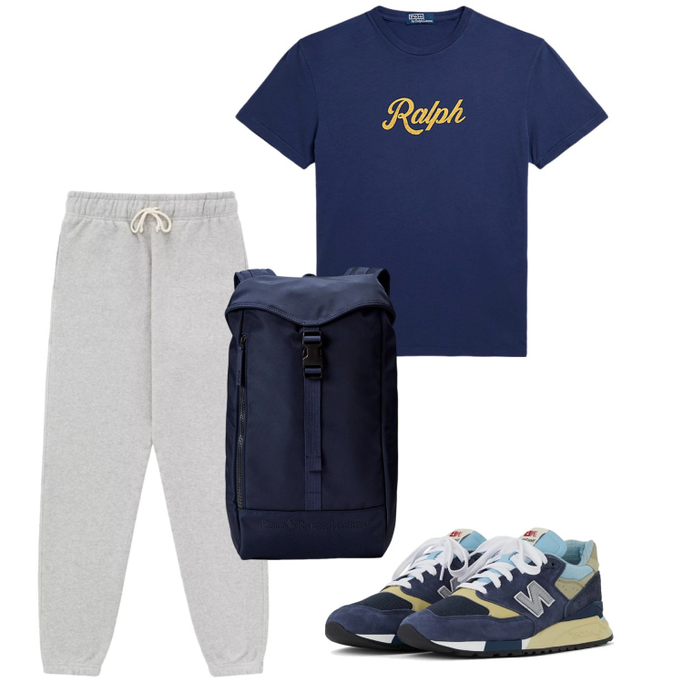 Outfit uomo - Sport a giugno. Stile Casual per Sport. Abbinamento con sneakers, pantaloni, t-shirt, borse sportive.
