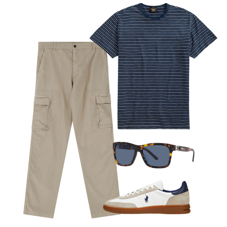 Outfit uomo - Giugno a righini. Stile Casual per Tutti i giorni. Abbinamento con pantaloni cargo, t-shirt, sneakers, occhiali da sole.