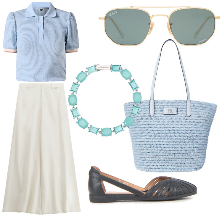 Outfit donna - Total look. Stile Urban per Tutti i giorni. Abbinamento con pantaloni, braccialetti, polo, borse tote, ballerine, occhiali da sole.