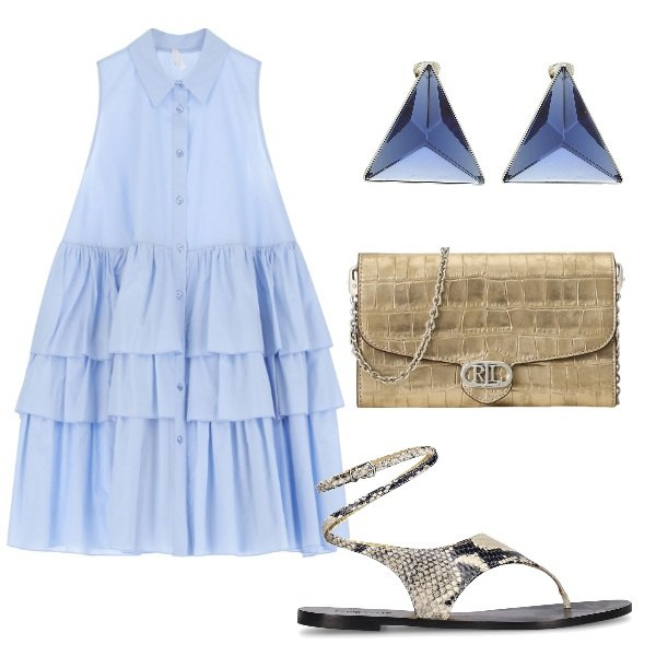 Outfit donna - Aperitivo veloce. Stile Glamour per Serata fuori. Abbinamento con orecchini, vestiti corti, borse a tracolla, sandali in pelle.
