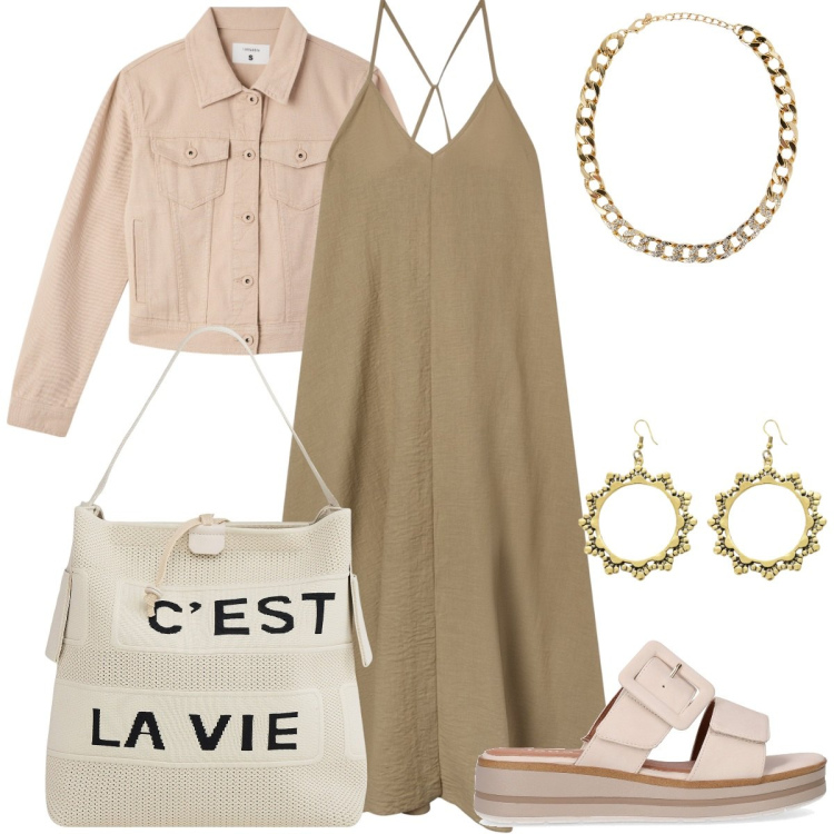 Outfit donna - Un abito leggero a giugno. Stile Romantica per Mare. Abbinamento con vestiti lunghi, collane, blazer, borse a mano, orecchini, ciabatte.