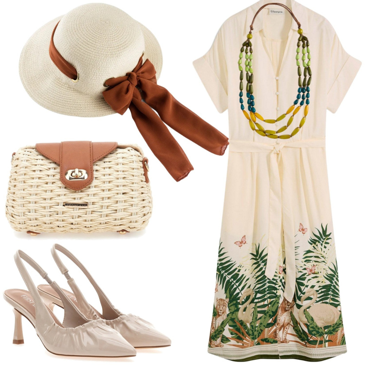 Outfit donna - Total look #2185324. Stile Vintage retrò per Cerimonia. Abbinamento con vestiti chemisier, cappelli, décolleté, collane, borse a tracolla.