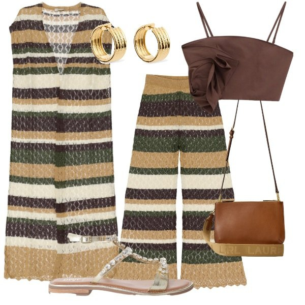 Outfit donna - Pizza tra amici. Stile Casual chic per Serata fuori. Abbinamento con top, gilet, pantaloni, sandali, borse a tracolla, orecchini.