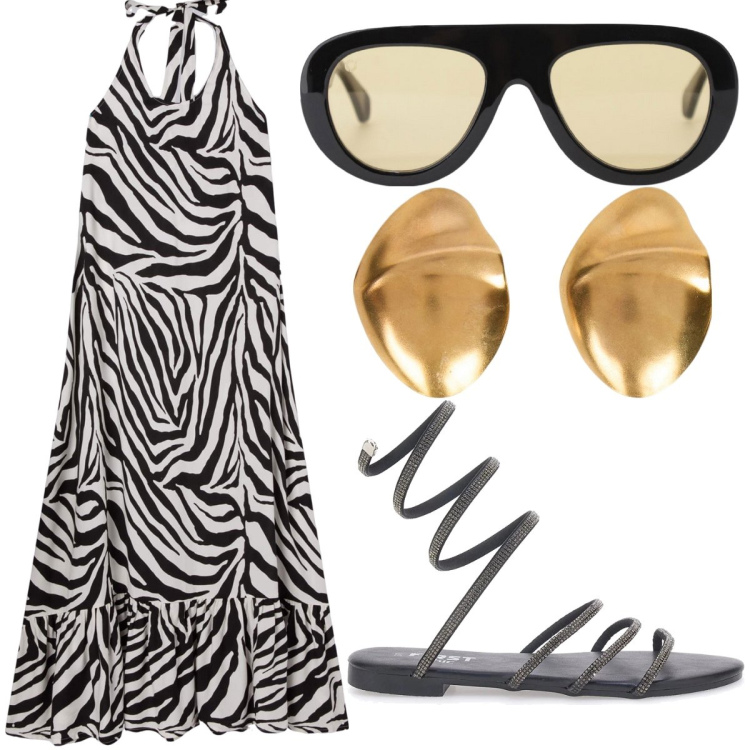 Outfit donna - Estate chiama… il sabato risponde. Stile Casual chic Abbinamento con vestiti lunghi, occhiali da sole, sandali alla schiava, orecchini.