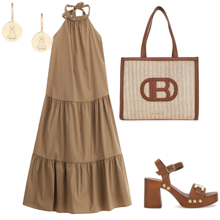 Outfit donna - Serata al mare. Stile Casual chic per Serata fuori. Abbinamento con vestiti midi/longuette, orecchini, borse a spalla, zoccoli.