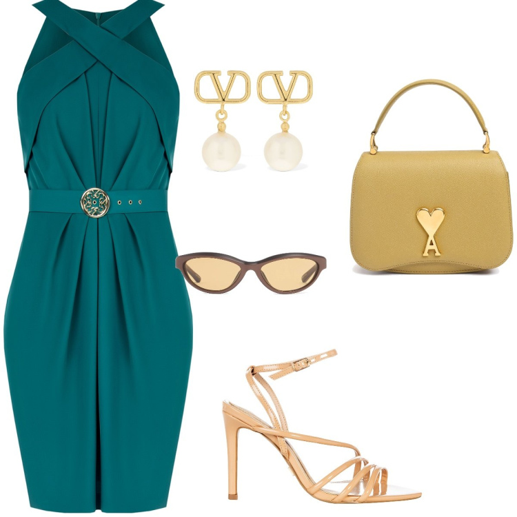 Outfit donna - Cerimonia di giugno. Stile Chic per Cerimonia. Abbinamento con vestiti a tubino, sandali col tacco, orecchini, borse a mano, occhiali da sole.