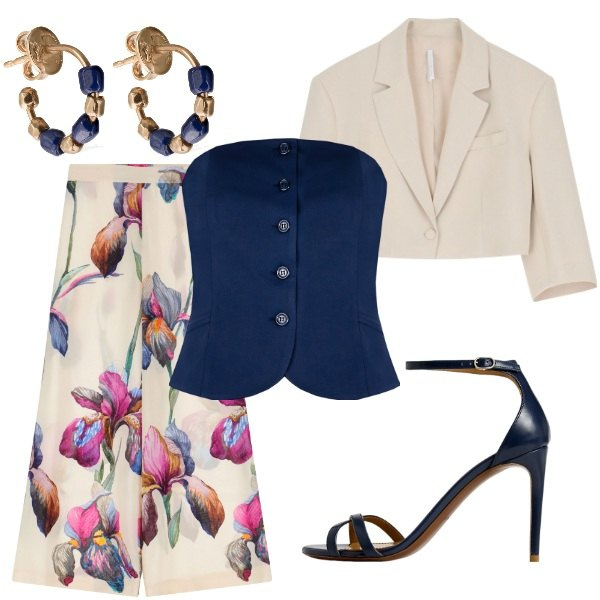 Outfit donna - Matrimonio in vista. Stile Glamour per Cerimonia. Abbinamento con blazer, pantaloni, top, sandali col tacco, orecchini.