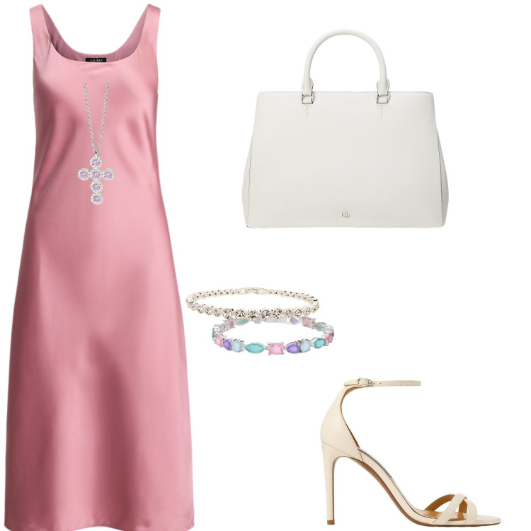 Outfit donna - Metti una serata fra amiche. Stile Glamour per Serata fuori. Abbinamento con braccialetti, ciondoli, sandali col tacco, borse a mano, braccialetti, vestiti senza maniche.