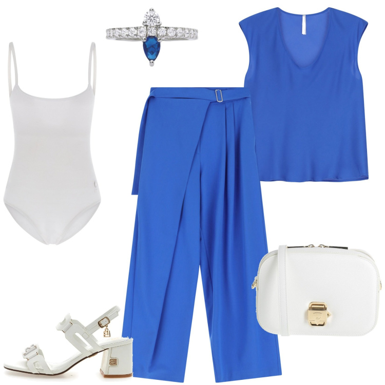 Outfit donna - In ufficio. Stile Chic per Ufficio. Abbinamento con borse a tracolla, anelli, pantaloni a palazzo, top, body, sandali col tacco.