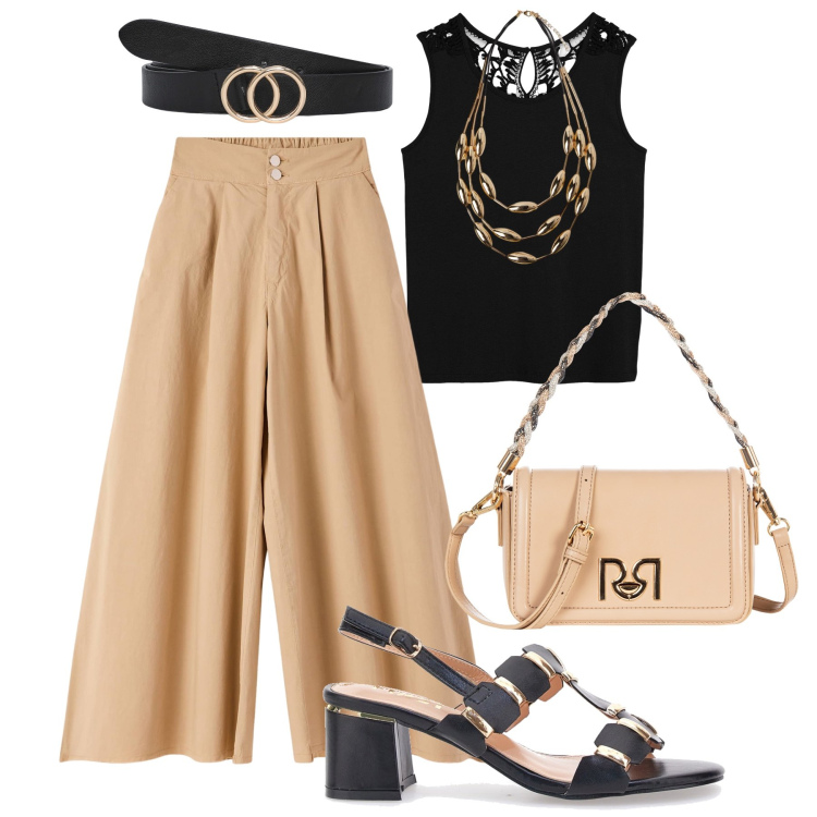 Outfit donna - Estate in ufficio e a cena. Stile Glamour per Ufficio. Abbinamento con top, pantaloni, cinture, borse a tracolla, sandali col tacco, collane.