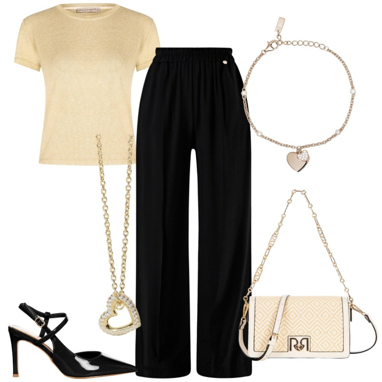 Outfit donna - Un outfit che comprerei. Stile Casual chic per Cerimonia. Abbinamento con collane, braccialetti con ciondoli, t-shirt, pantaloni a palazzo, borse a tracolla, décolleté.