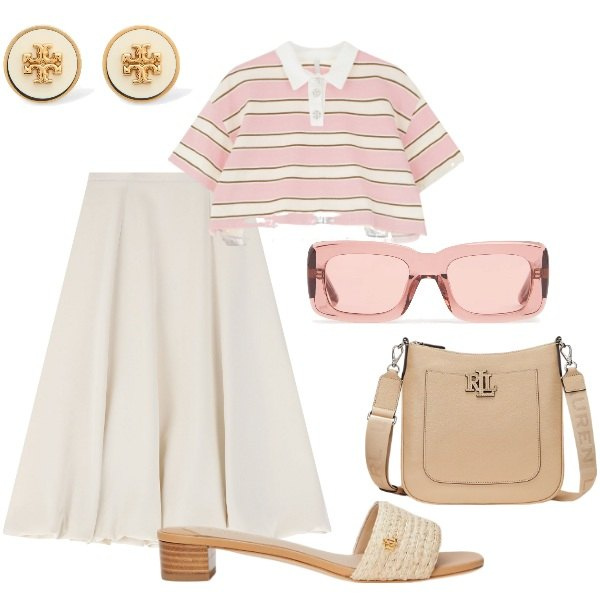 Outfit donna - A pranzo fuori...... Stile Bon Ton per Tutti i giorni. Abbinamento con gonne longuette, t-shirt, sandali in pelle, borse a tracolla, occhiali da sole, orecchini.