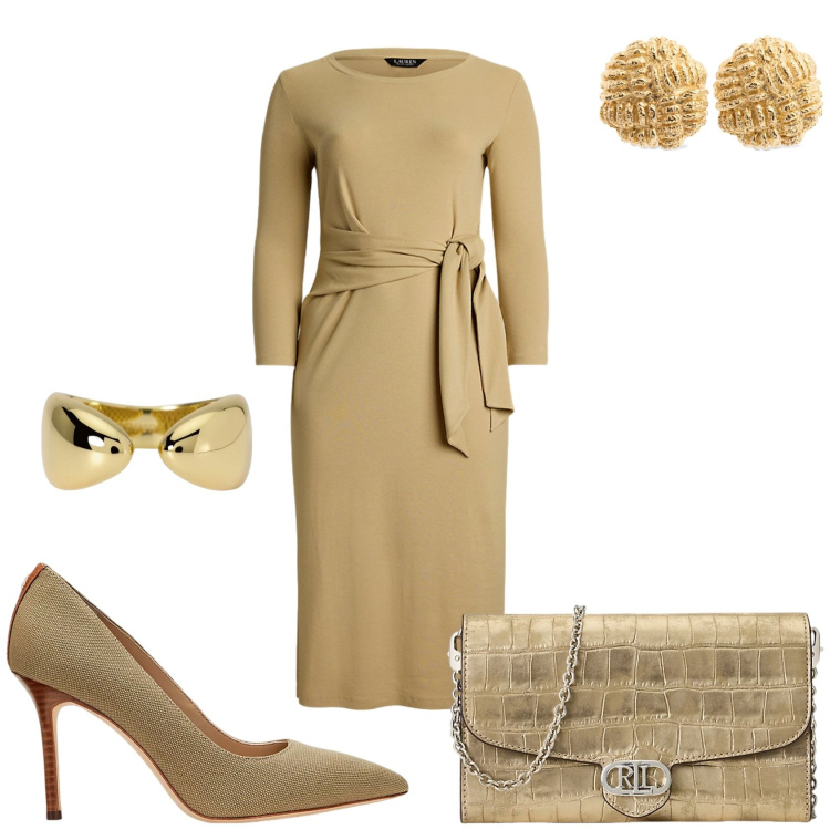 Outfit donna - Cerimonia invitata. Stile Chic per Cerimonia. Abbinamento con anelli, vestiti, borse a tracolla, décolleté, orecchini.