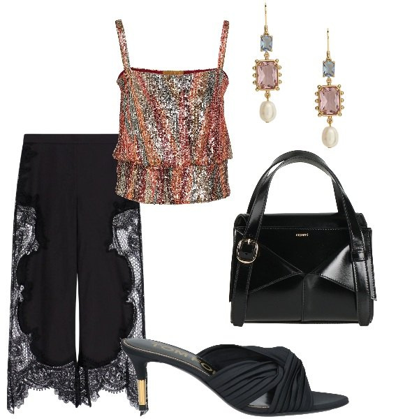 Outfit donna - Cerimonia tra intimi. Stile Glamour per Cerimonia. Abbinamento con top, sandali in pelle, borse a mano, pantaloni a palazzo, orecchini.