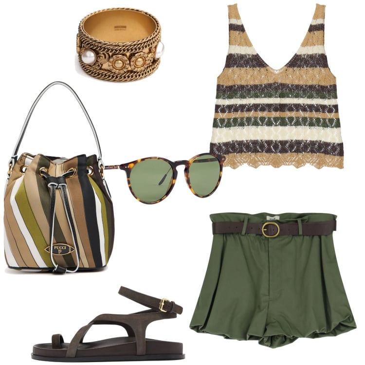 Outfit donna - I colori della terra. Stile Casual per Tutti i giorni. Abbinamento con shorts, top, occhiali da sole, braccialetti, borse a mano, sandali in pelle.