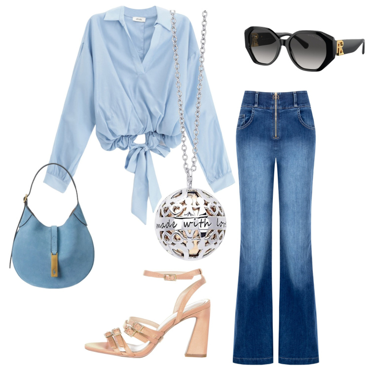 Outfit donna - Total look #2185353. Abbinamento con collane, jeans, sandali col tacco, bluse, occhiali da sole, borse a spalla.