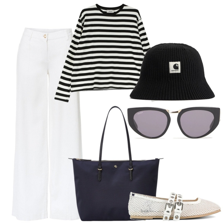 Outfit donna - Riviera look. Stile Casual chic per Mare. Abbinamento con pantaloni a palazzo, t-shirt, borse tote, ballerine, cappelli, occhiali da sole.