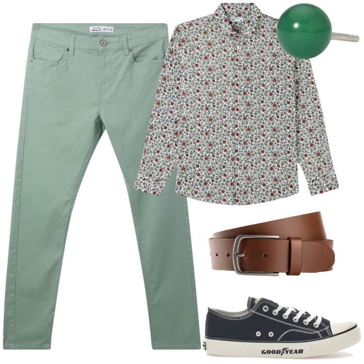 Outfit uomo - Stile estivo. Stile Trendy per Tutti i giorni. Abbinamento con cinture, camicie, pantaloni skinny, orecchini, sneakers.