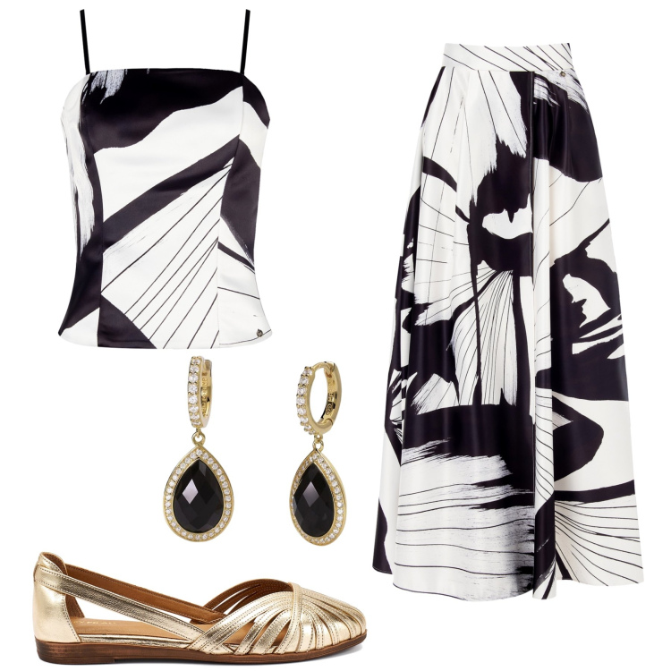 Outfit donna - Coordinato Black & White. Stile Chic per Serata fuori. Abbinamento con orecchini, gonne lunghe, canottiere, ballerine.